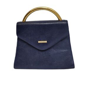 VINTAGE Albert Nipon leather embossed navy blue‎ envelope purse with gold handle